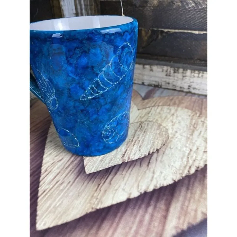 Sea Life Glitter & Alcohol Ink Coffee Mug Handmade Blue Green & Epoxy Resin
